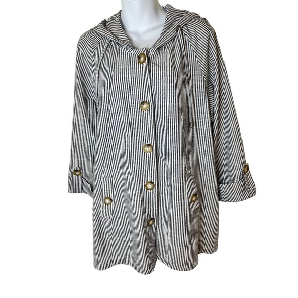 Jones New York 1X Striped Hooded Button-Front Beach Jacket linen Blend Black - Picture 6 of 6